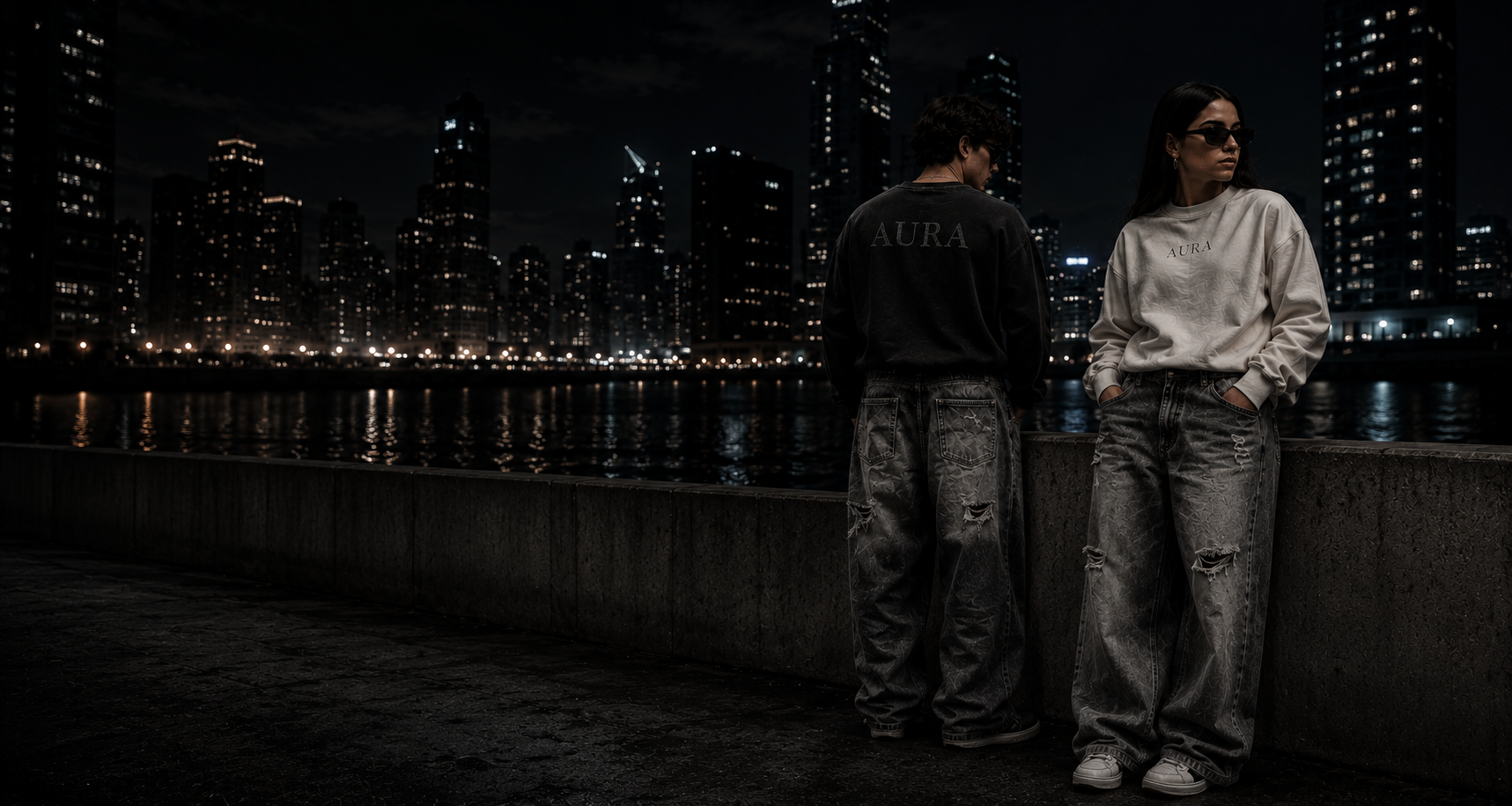 AURA campaign — heavyweight crewnecks and distressed denim against a city skyline at night